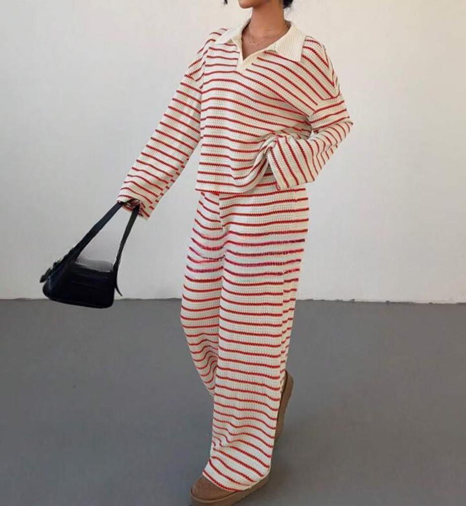 2025 Autumn Winter Striped Lapel Knit Top & Casual Trousers Set