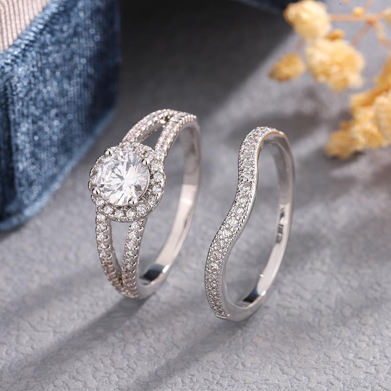 

Shiny Round Crystal Zircon Sets Ring Women Bridal Wedding Jewelry Korean Exquisite 925 Plated Ring Fashion Jewelry 6