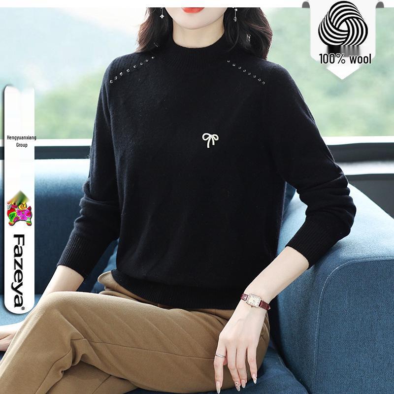 Stylish Women's Beaded Wool Sweater: Solid Color, Half-High Neck Pullover