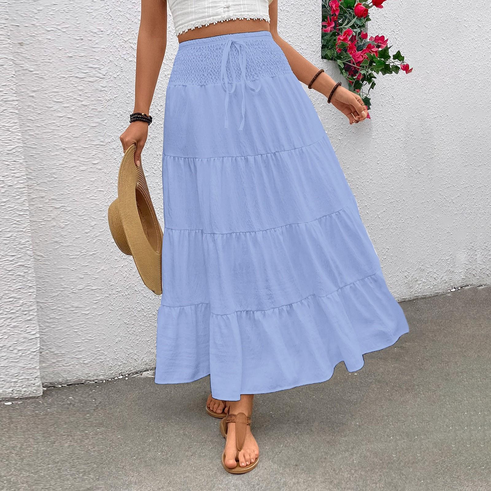 

Женская модная однотонная кружевная эластичная юбка с высокой талией в стиле бохо, повседневная юбка А-силуэта L светло-синий