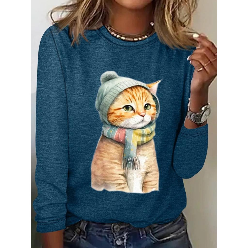 Rundhals 3D-bedrucktes Katzenmuster Top Modische Lässige Langarm Damen T-Shirts