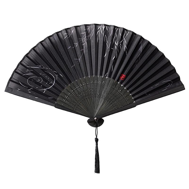 Chinese Summer Folding Tassel Fan - Traditional Hanfu Dance Bamboo Fan for Men & Kids