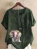 Women's Fashion Elephant Print Casual Cotton Linen Short Sleeve Round Neck T-shirt Shirt Leisure Loose Summer Blouse Tops