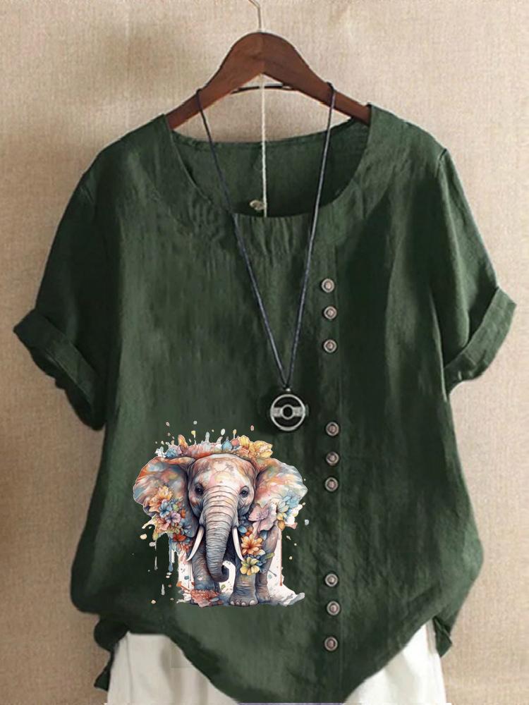 Women's Fashion Elephant Print Casual Cotton Linen Short Sleeve Round Neck T-shirt Shirt Leisure Loose Summer Blouse Tops