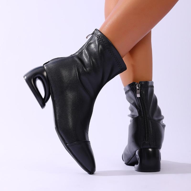 Foreign Style Special Heel Booties Square Toe Spliced Rear Zipper Non-slip Wear-resistant Block Heel Shoes