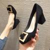 Black high heels women's thick heel new versatile professional square head rhinestone square buckle women's shoes spring and autumn single shoes women