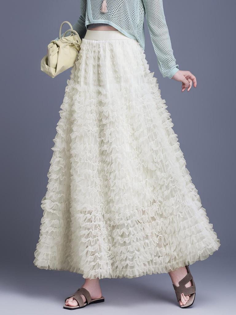 Elegant Mesh Fluffy Cake Skirt - Spring 2026 A-Line Midi with Wide Hem