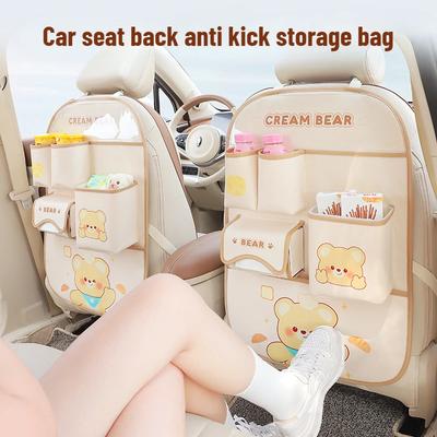 Cute Cartoon Car Holder Seat Back Storage Bags Anti Kick Mat Protector for Kids Multi-functional Storage Pockets Stand Trash Bin