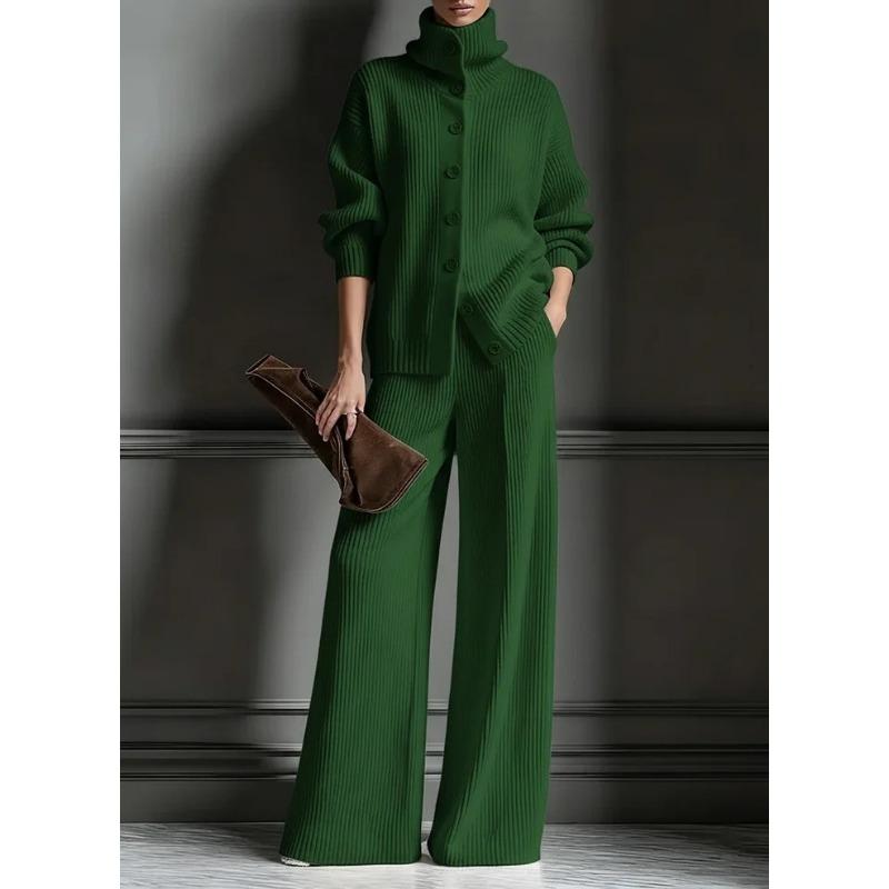 Autumn and Winter New High Collar Solid Color Cardigan Long Sleeve Top Wide Leg Pants Fashion Set Two Piece Set