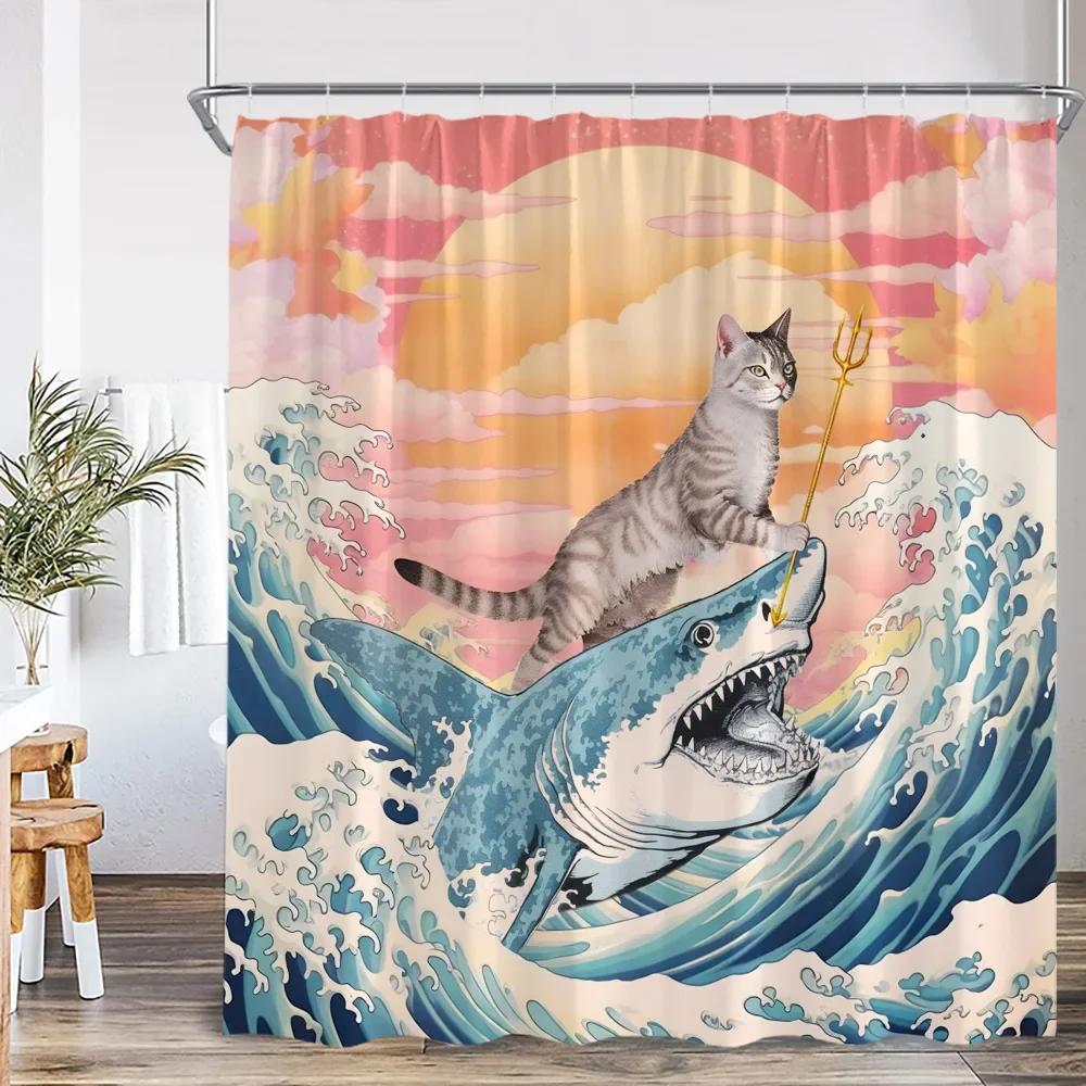 Funny Cat Shower Curtain Cat Riding Shark Dinosaur Flower Floral Polyester Bathtub Curtain Space Planet Bathroom Decor with Hook