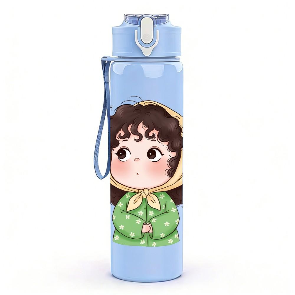 1PC Little Girl Dark Hood Cartoon Print 750ml Color Plastic Sports Water Bottle Leakproof Flip Straw Lid Suitable for Sports Office Home Use