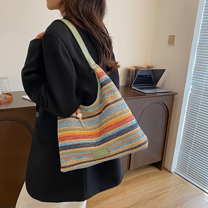 Bohemian Multicolored Striped Handbag with Tassel Decoration  A Lightweight Beach Bag Suitable for Travel, Vacation, and Leisure