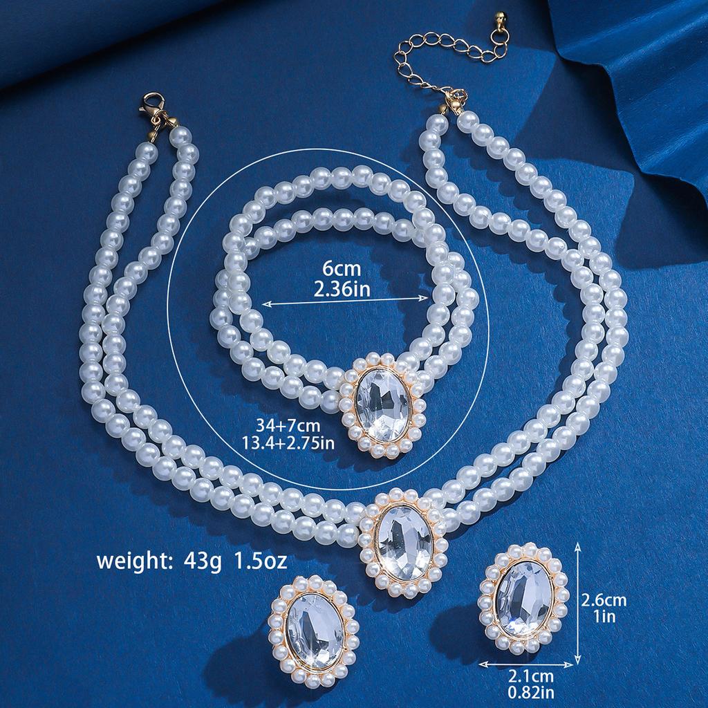 3 pcs Luxury-lite style short pearl imitation earrings and necklace, green turquoise bead string, ethnic style fashionable set