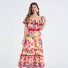 2026 Summer Bohemian Gorgeous Flower Long Dress Women's Ruffes Slash Neck Floral Print Belt A-Line Holiday Famale Beach Clothes