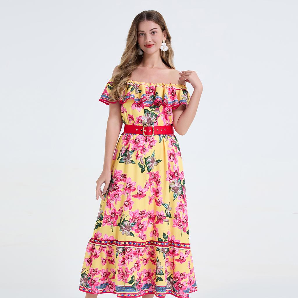 2026 Summer Bohemian Gorgeous Flower Long Dress Women's Ruffes Slash Neck Floral Print Belt A-Line Holiday Famale Beach Clothes