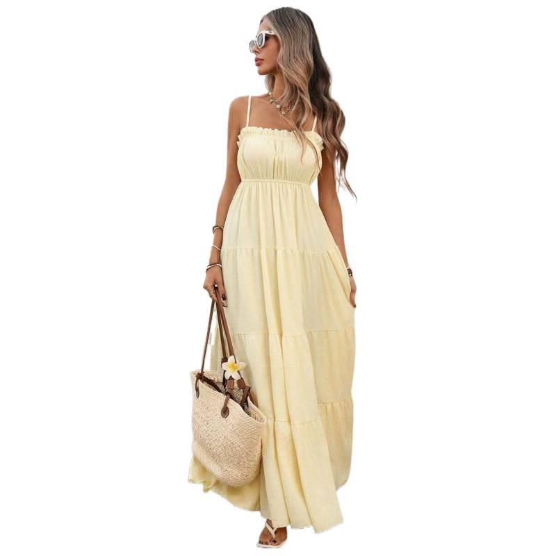 Europe, America 2026 Summer New Vacation Ruffle Edge Slim and Thin Long Suspender Dress Women