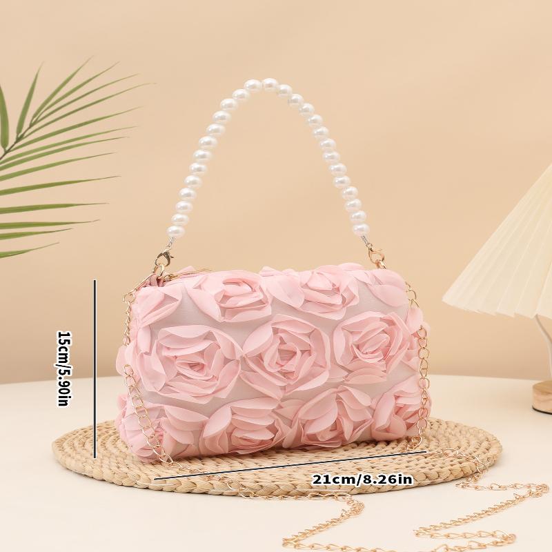 Elegant Women 3D Rose Floral Shoulder Bag Romantic Flower Pattern Pearl Handle Detachable Chain for Prom Graduation