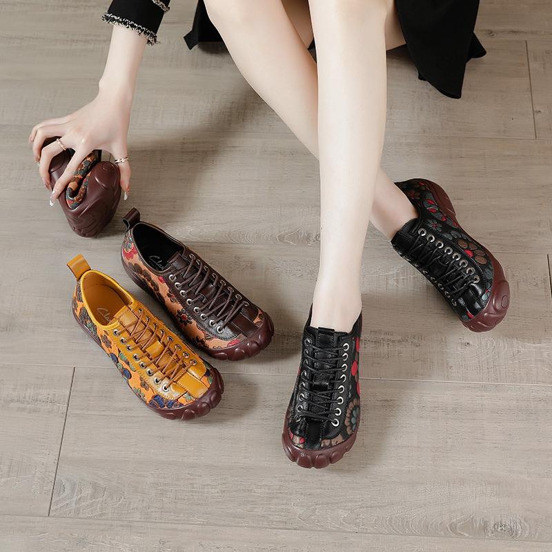 Printed front lace-up bag head deep mouth women's shoes leather soft sole heel wear-resistant soft sole fashionable