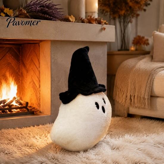 Portable Small Plush Companion Halloween Pumpkin Ghost Pillow, Cute Soft Stuffed Animal Sofa Cushion Orange And White for Living Room, Spooky Huggable