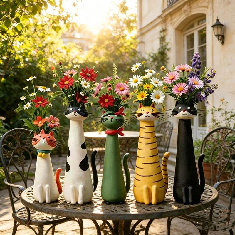 Cat Shaped Resin Vase Cute 1PC Long Neck Cat Animal Ornament Flower Pot Perfect for Living Room Shelf