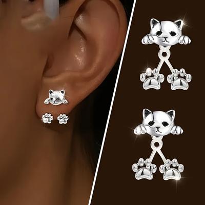 A Pair of Silver-plated Lady Cat Cat Claw Rear Hanging Stud Earrings Personalized Creative Design Cute Pet Exquisite and Sweet