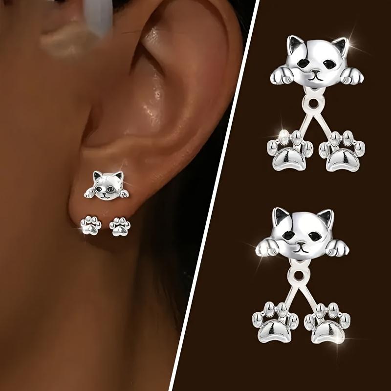 A pair of silver-plated lady cat cat claw rear hanging stud earrings personalized creative design cute pet exquisite and sweet