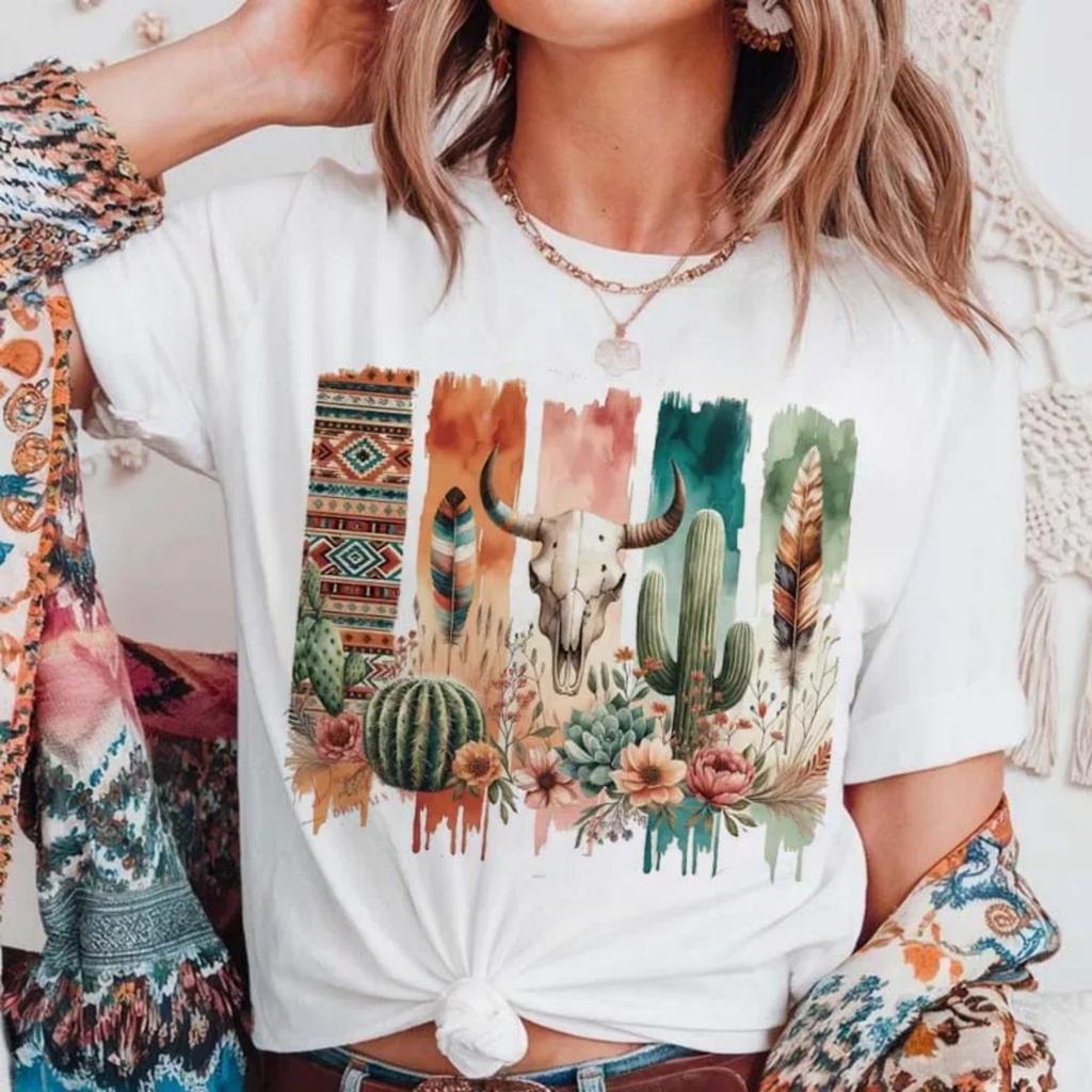Cactus Skull Women's T-Shirt Short Sleeved Basic Top Cute Style Summer Fashion Women's Apparel Trendy Printed Casual Top Tee