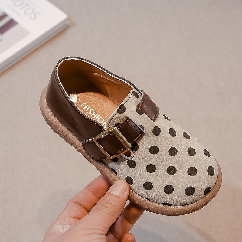 Kids Flat Shoes Non-slip Polka Dots Girls Leather Shoes Round Toes Hook&loop 2025 New Children Casual Shoes Dirt-proof Soft Sole