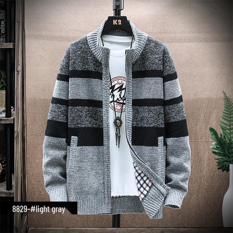 

Men s Striped Fleece-Lined Stand-up Collar Cardigan - Autumn/Winter Casual Knitwear Coat M светло-серый