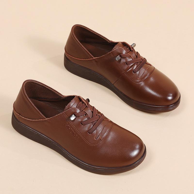 Two-step Genuine Leather Cowhide Sole Small Leather Shoes Women's Autumn Soft Sole Wedge Heel Single Shoes Retro Casual Cowhide Mother Shoes