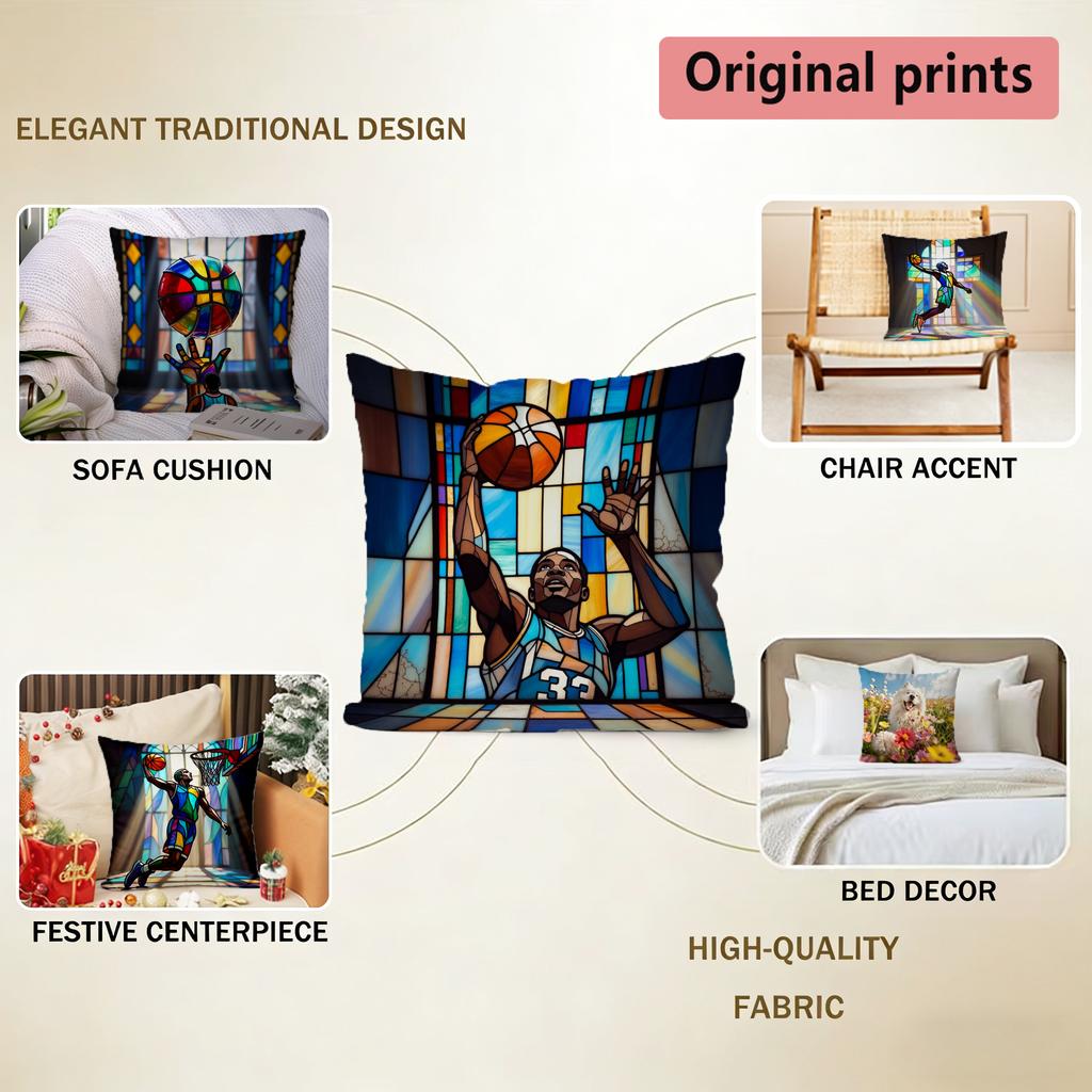 Stained Glass Basketball Player Throw Pillow Covers Pattern Cushion Cover Suitable for Sofa Bedroom Car Pillow Cover
