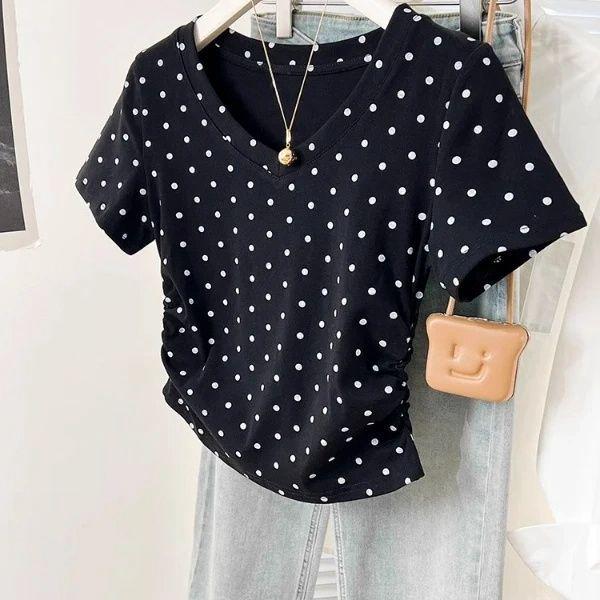 

Женская серая футболка с плиссированными короткими рукавами в горошек - 95% хлопок, 5% спандекс Large чёрный