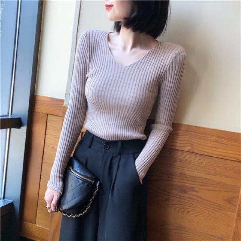 Bottoming Sweater Tees Women Autumn Single-Breasted Long Sleeve V-Neck Knitted Tops Fmale Solid Pullover Tops