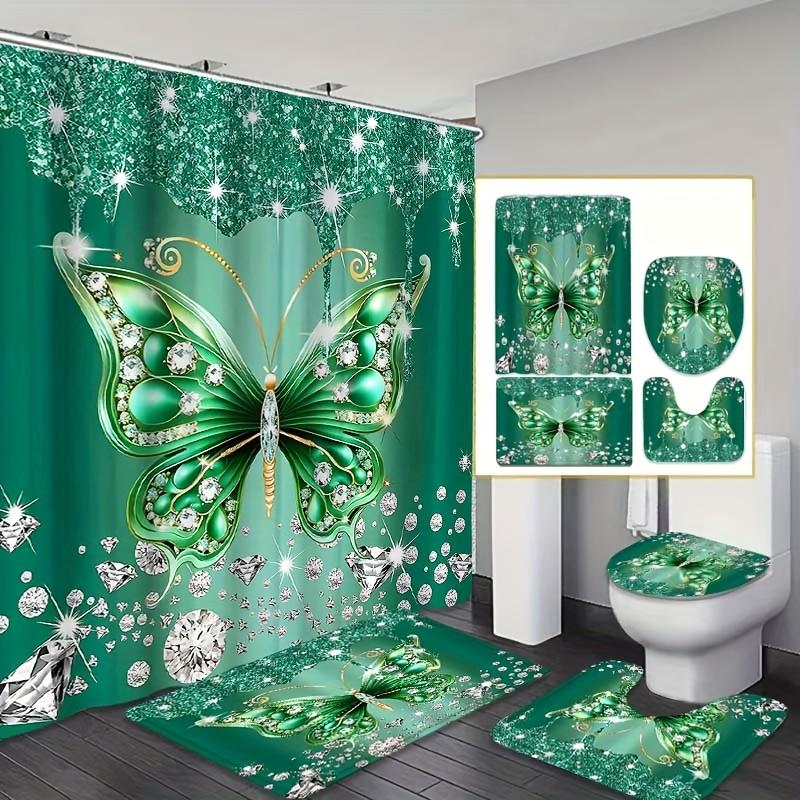 4Pcs Bathroom Shower Curtain Set Butterfly   Bathroom Curtain With 12 Hooks Non Slip Rugs Toilet Cover Mat Bathroom Partition