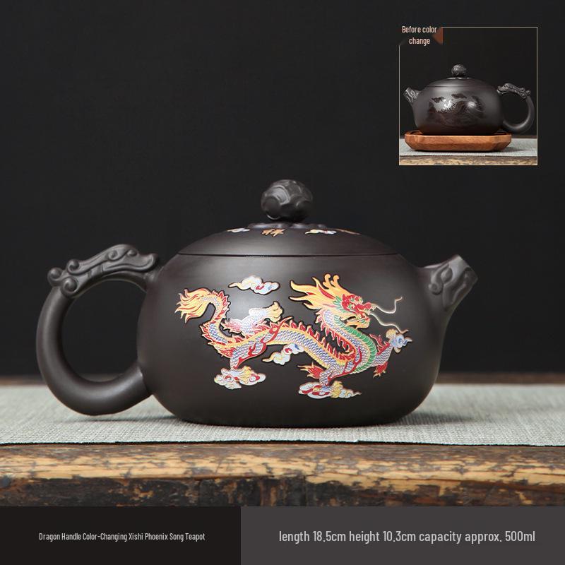 Color-Changing Chameleon Dragon & Phoenix Zisha Teapot Set - Xishi Design Gift Box