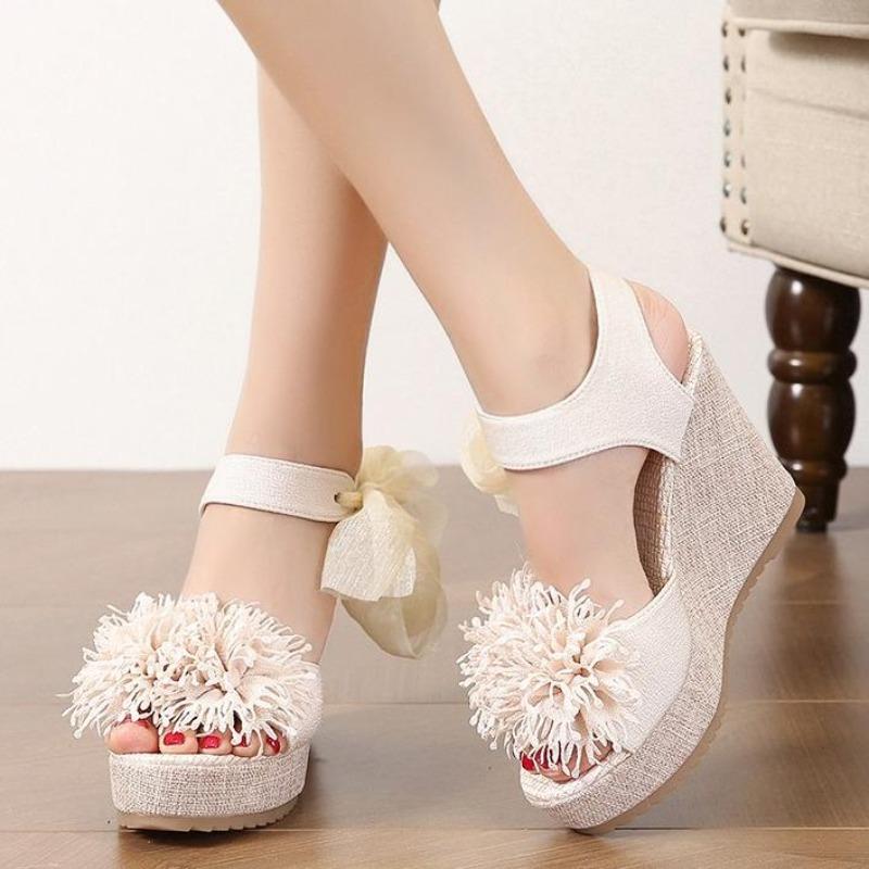 Fashion Sandals Women's Floral Pattern Bowknot Decor Platform Wedge Espadrilles Platform Bow 10CM High Heels Women's Slippers Shoes