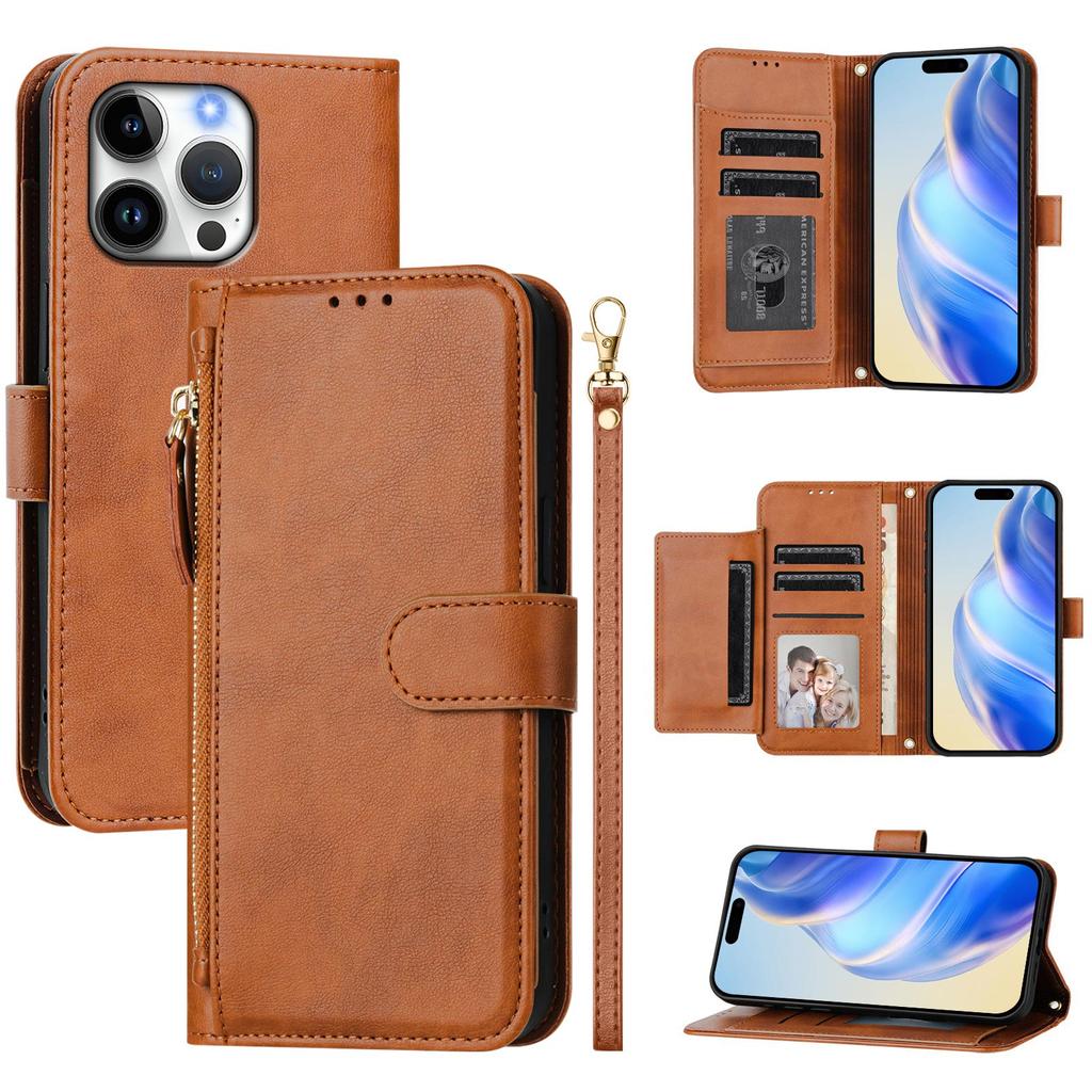 For iPhone 16 Pro Max Case Zipper Pocket Multiple Card Slots Leather Phone Cover