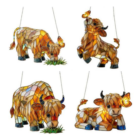 Highland Cow Butterfly Suncatcher Decoration Indoor Outdoor Garden Yard Window Wall Hanging 2D Acrylic Stained Glass Ornament