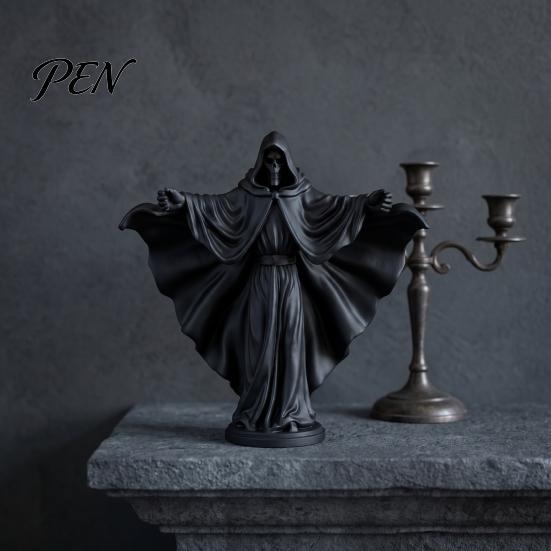 Durable Matte Black Decor 3D Printed Skeleton Figurine with Cloak, Gothic Statue, Spooky Tabletop Mysterious Character Sculpture Robe, Faceless