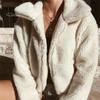 Lapel Women Jacket Winter Coat Thick Plush Solid Color Long Sleeve Zip Up Soft Warm Pockets Casual Elastic Cuff Outdoor Short Cold Weather
