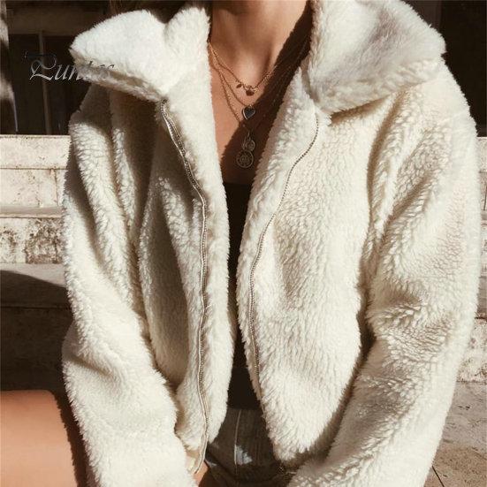Lapel Women Jacket Winter Coat Thick Plush Solid Color Long Sleeve Zip Up Soft Warm Pockets Casual Elastic Cuff Outdoor Short Cold Weather