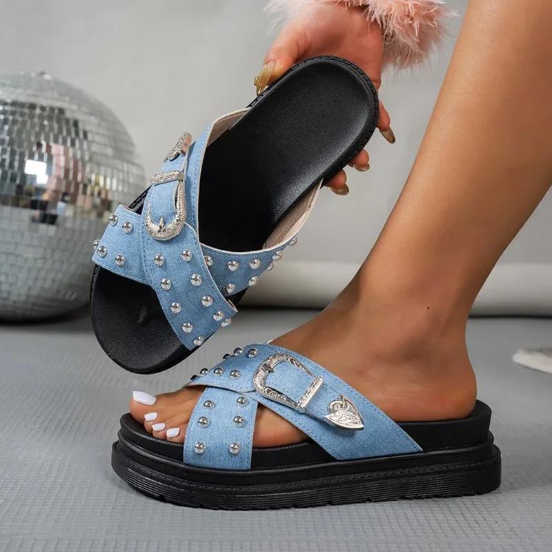 Fashion 2025 Buckle Slippers High Quality Women's Slip-On Open Toe Flat with Non-Slip Casual Summer Ladies Beach Slippers Large Size