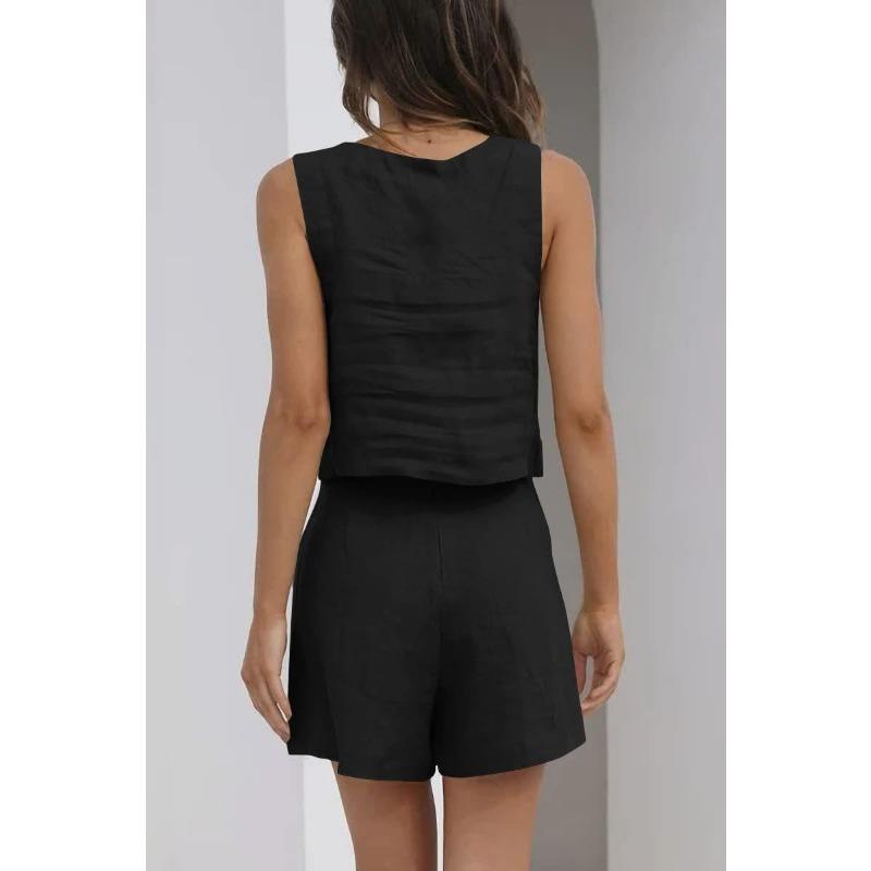 Set de vestă fără mâneci, pantaloni scurți din in