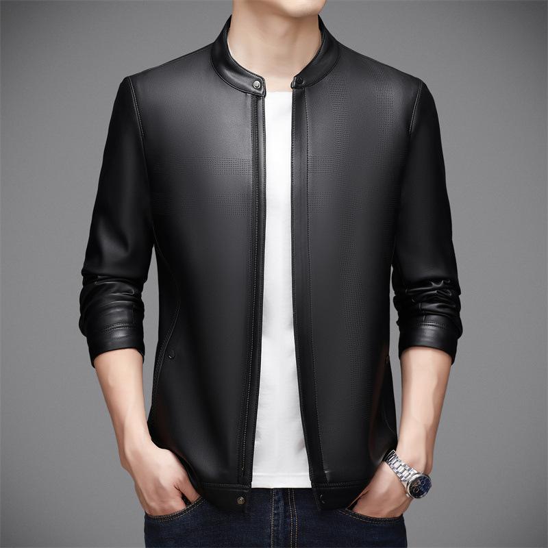 New Breathable Leather Men's Sheepskin Soft Leather Jacket Spot Stand Collar Young and Middle-aged Business Casual Jacket
