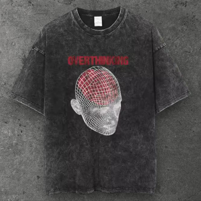 Mens Overthinking Graphic Cotton T Shirt Washed Black Grunge Aesthetic S-3XL S