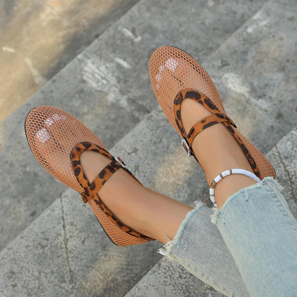 Křišťálová přezka Síťované Mary Jane boty Dámské Prodyšné Vyřezávané Baleríny Dámské Síťované Mokasíny s Leopardím Vzorem