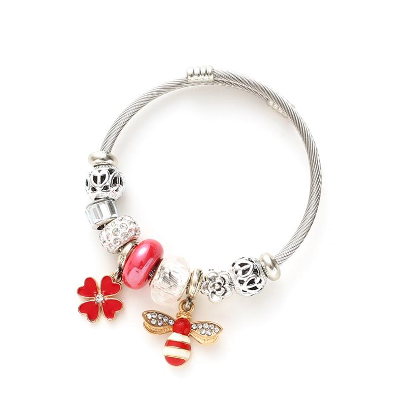 Fashion Crystal Bee Clover Charms Bracelets for Women Girls Trendy Cute Stainless Steel Bangle Accessories Jewelry Gifts
