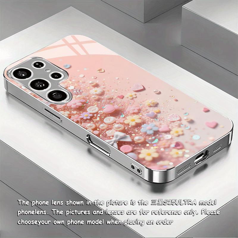 Vergoldetes Telefon kompatibel mit Samsung Galaxy S26 S25 S24 S23 S22 Ultra Plus. gefertigt aus gehärtetem Glas, verziert mit Herzmuster