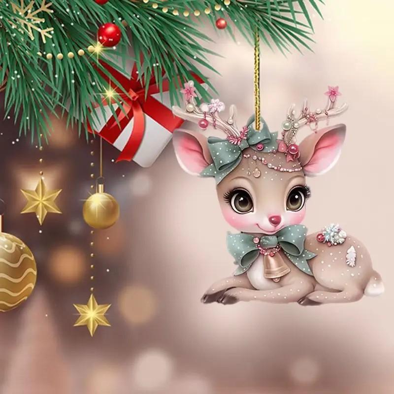 Car Christmas Acrylic Pendant With Butterfly Knot Bell Print Deer For Decor