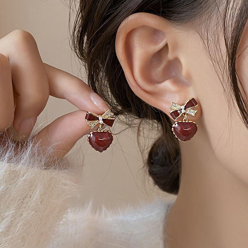 Red Bow Heart Earrings: Women's Chic Luxury, Unique & Exquisite Douyin Trend